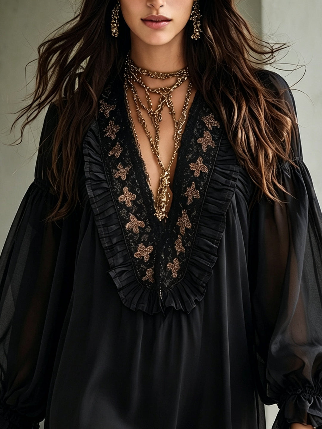 Elegant women's black swing mini dress with a deep V neck, airy balloon sleeves, perfect for date night.