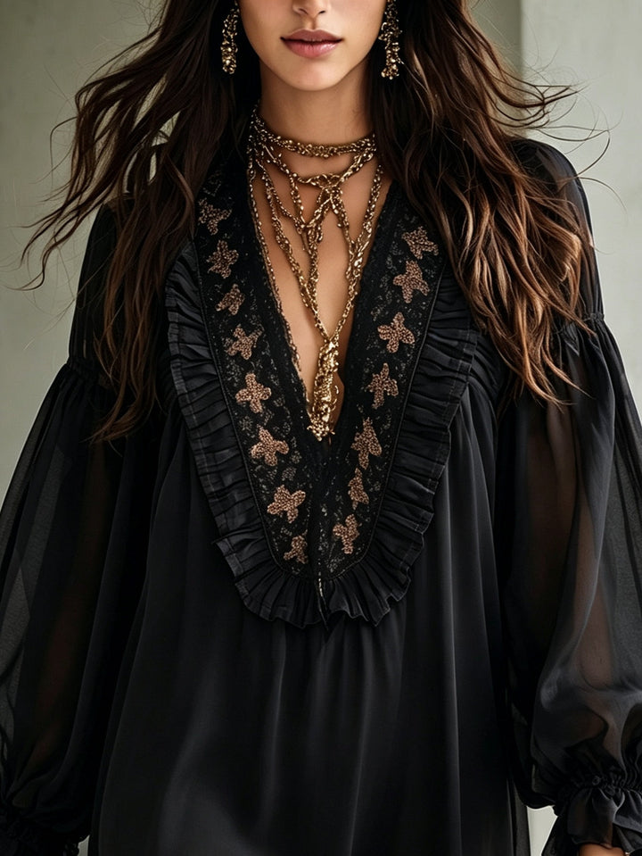 Elegant women's black swing mini dress with a deep V neck, airy balloon sleeves, perfect for date night.