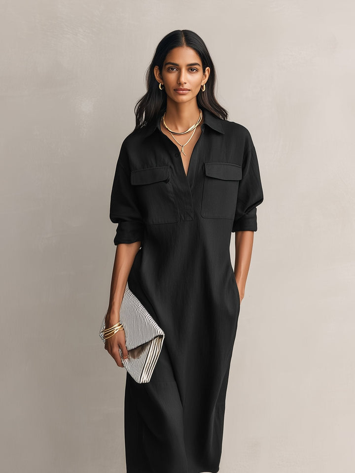 Versatile black midi shirt dress for women, featuring a collar and elbow sleeves. Ideal for casual fashion.