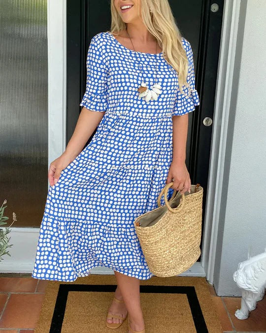 Relaxed fit women's tiered midi dress with stylish dotted print, perfect for spring and summer casual wear.
