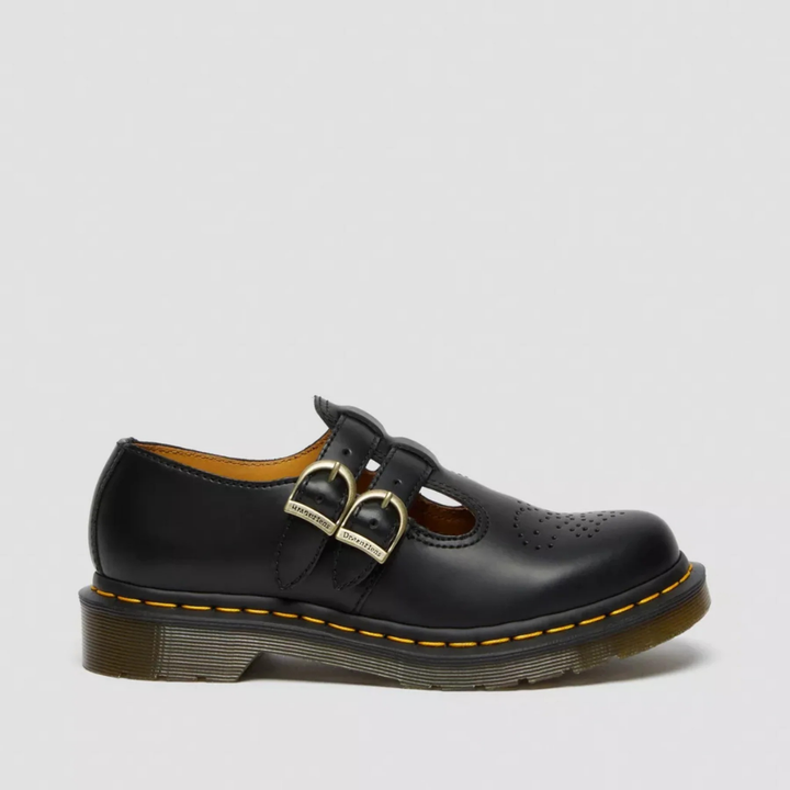 Close-up of black women's double buckle Mary Jane flats, highlighting edgy alternative style.