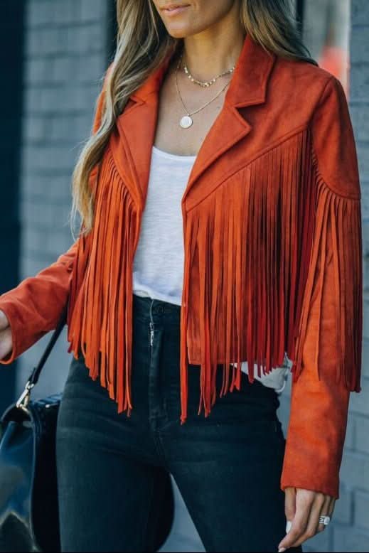 Women's black fringed moto jacket for an edgy style statement. Perfect outerwear for fashion and party wear.