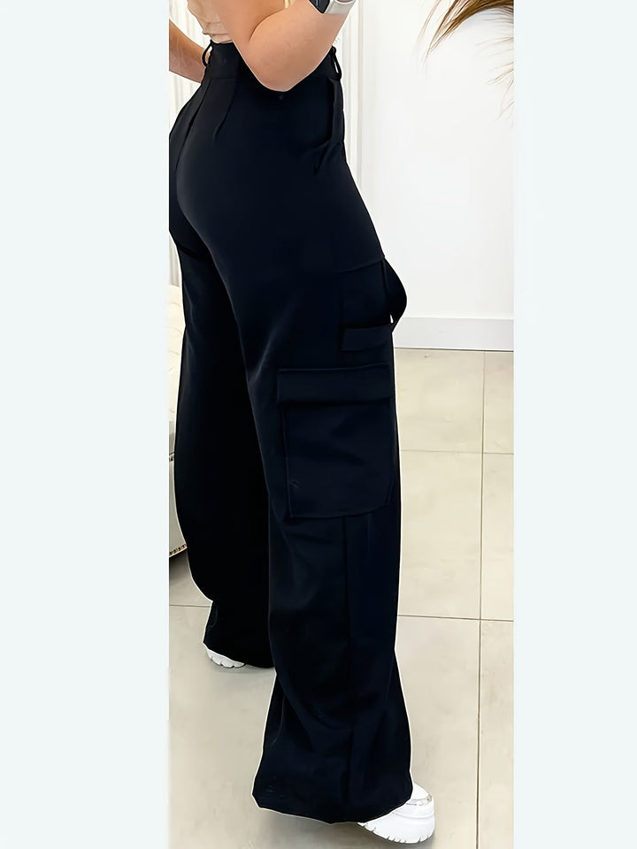 Casual women's black cargo wide-leg pants with a flattering high waist. A modern, comfortable fashion staple.