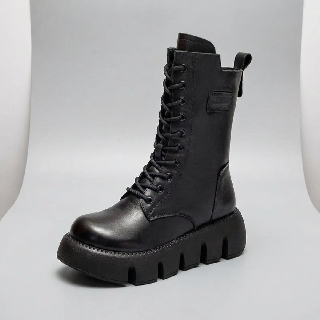 Comfortable walking boots: women's lace-up platform combat style with essential arch support and non-slip sole.