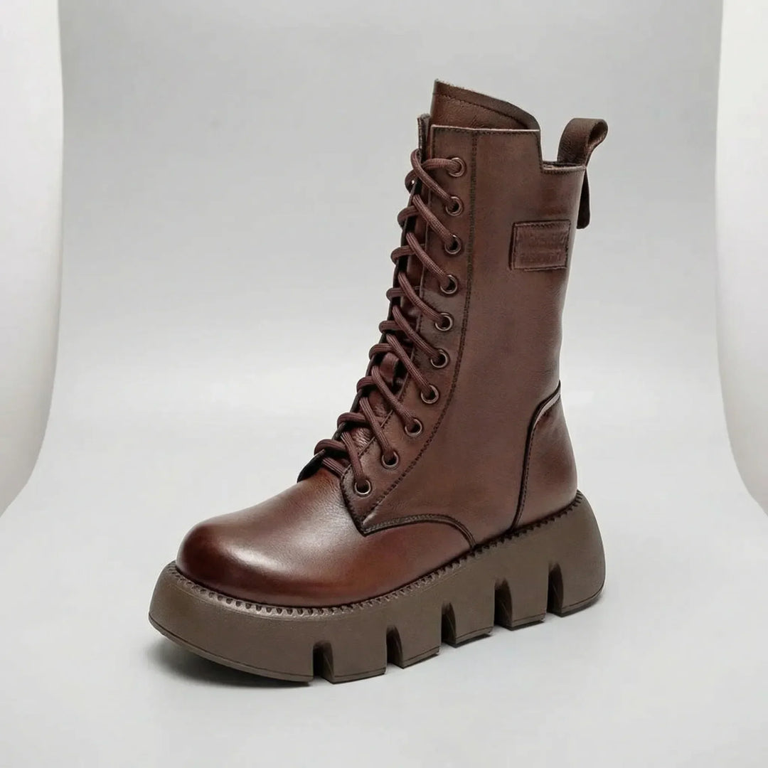 Women's combat boots featuring sturdy lace-up design, elevated platform, and supportive arch for daily wear.