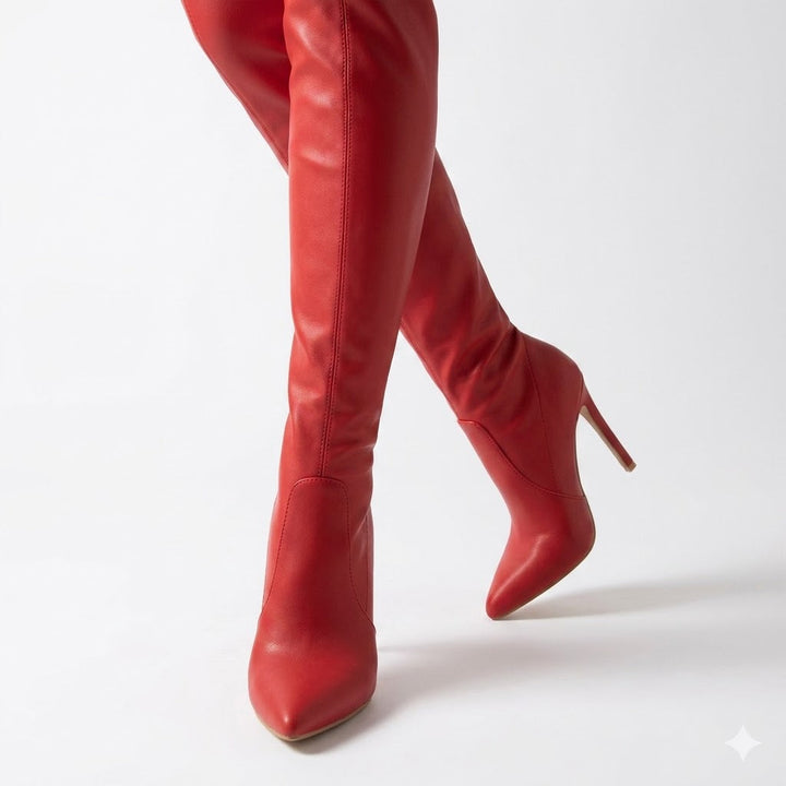 Women's black over-the-knee stiletto heel boots with pointed toe, perfect for elegant evening wear.