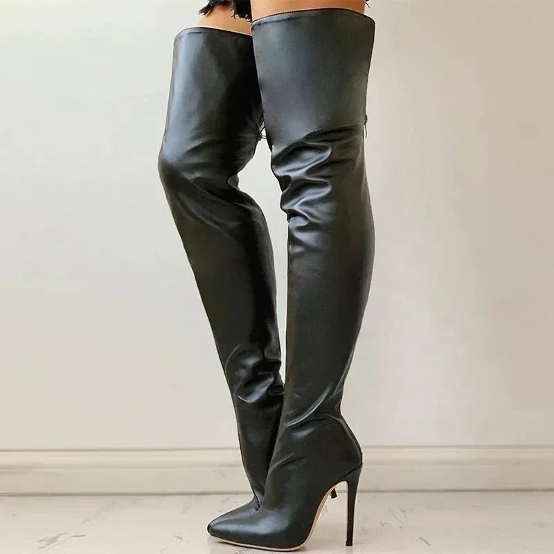 Elegant black over-the-knee boots for women, showcasing a slim fit, pointed toe, and bold stiletto heel.