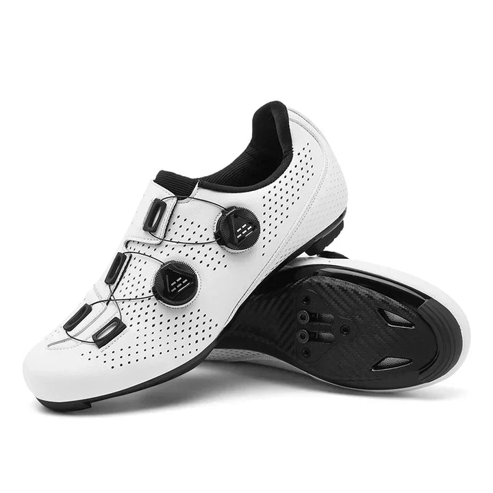 White breathable women's cycling shoes with secure fit for road & MTB performance, ideal for outdoor rides.