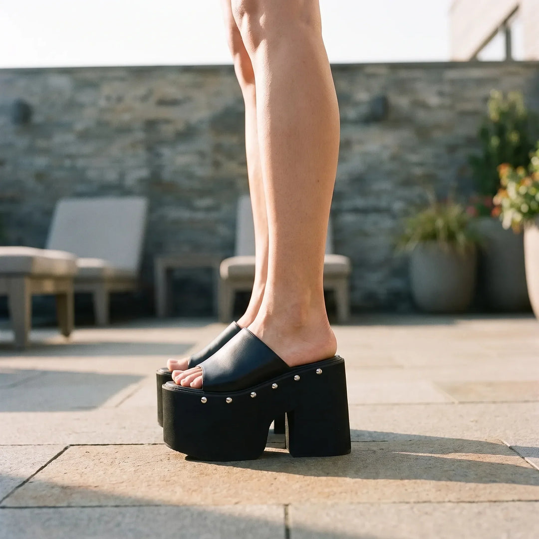 Women's black platform sandals with high block heel, open toe. Perfect for parties & evening wear.