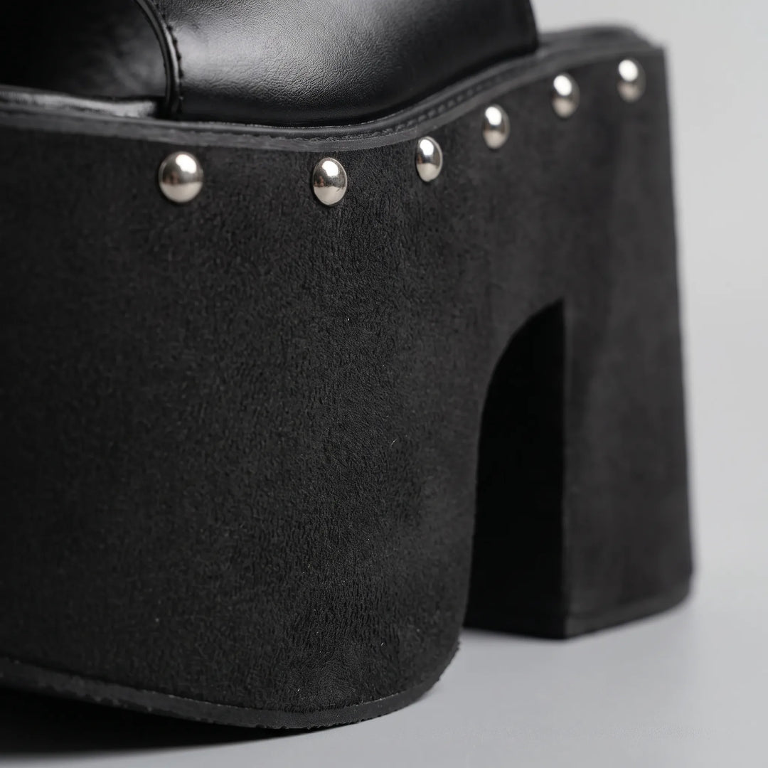 Tall black platform sandals for women, featuring a high block heel. Ideal party & fashion footwear.