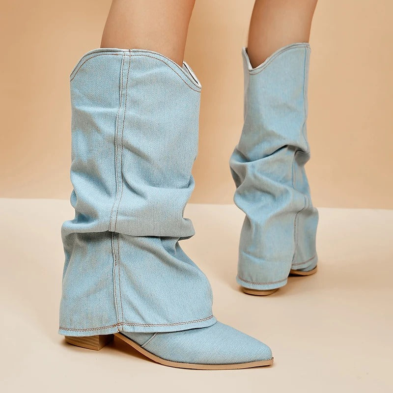 Elegant women's slip-on boots featuring a pleated design, pointed toe, and sturdy block heel for comfort.