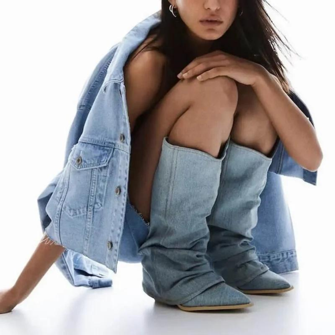 Women's pleated pointed-toe tall block heel boots; chic slip-on design for fashion and comfort.