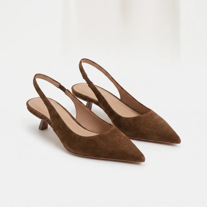 Versatile women's pointed toe kitten heel slingback sandals. Great for office, evening, or summer fashion.