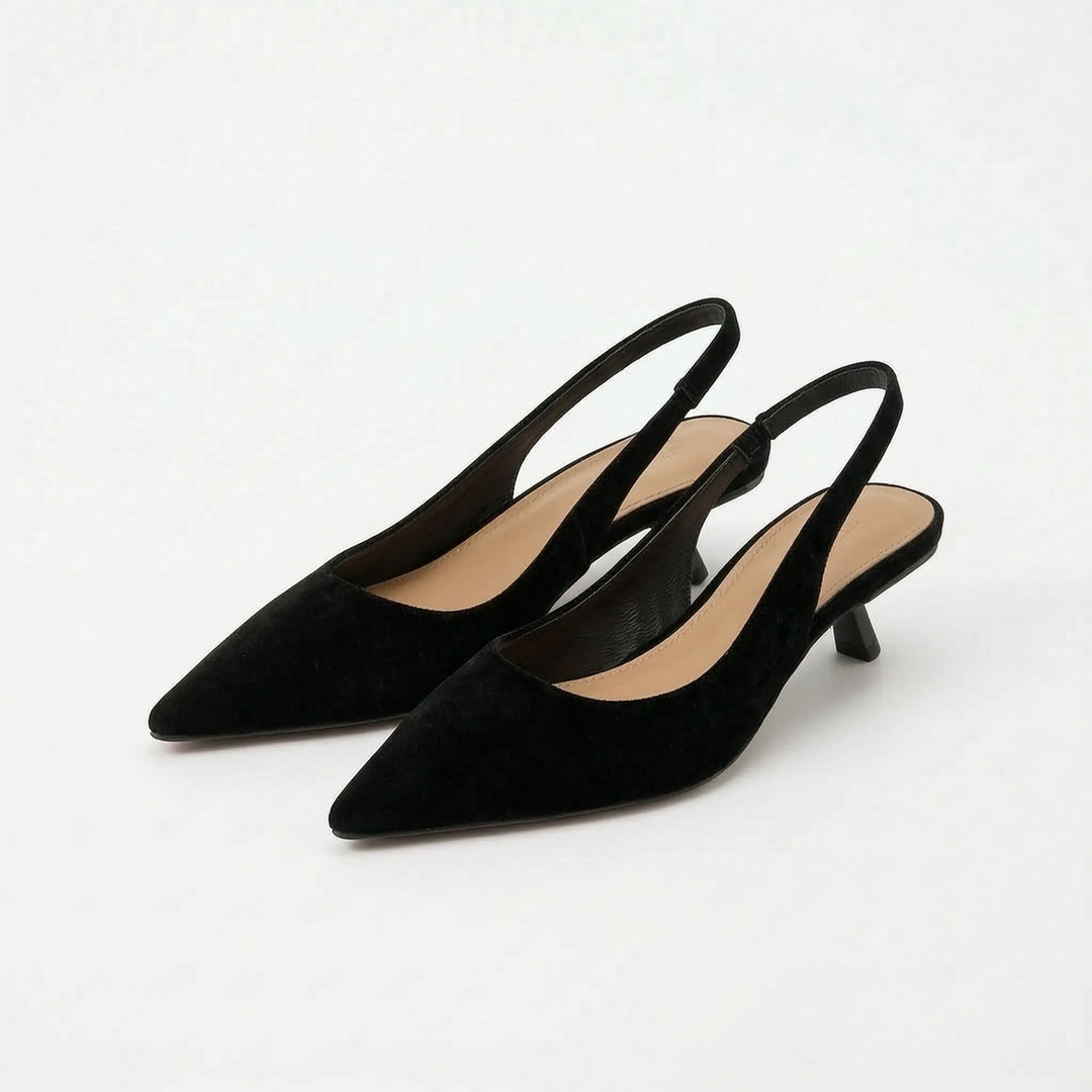 Slip-on women's kitten heel slingback sandals with elegant pointed toe. Comfortable dress & fashion footwear.