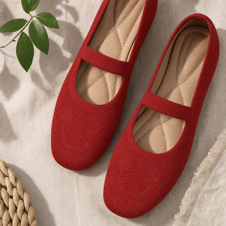 Adjustable Mary Jane ballet flats for women, featuring a cheerful smiling face, great for daily comfort.