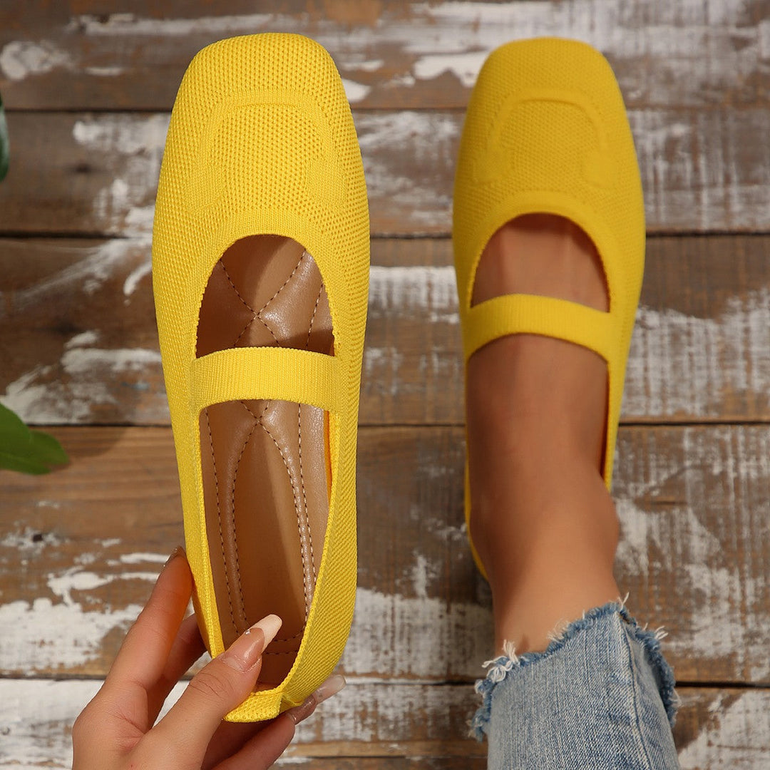 Side view of women's comfortable smiling face Mary Jane ballet flats, perfect for casual outfits.