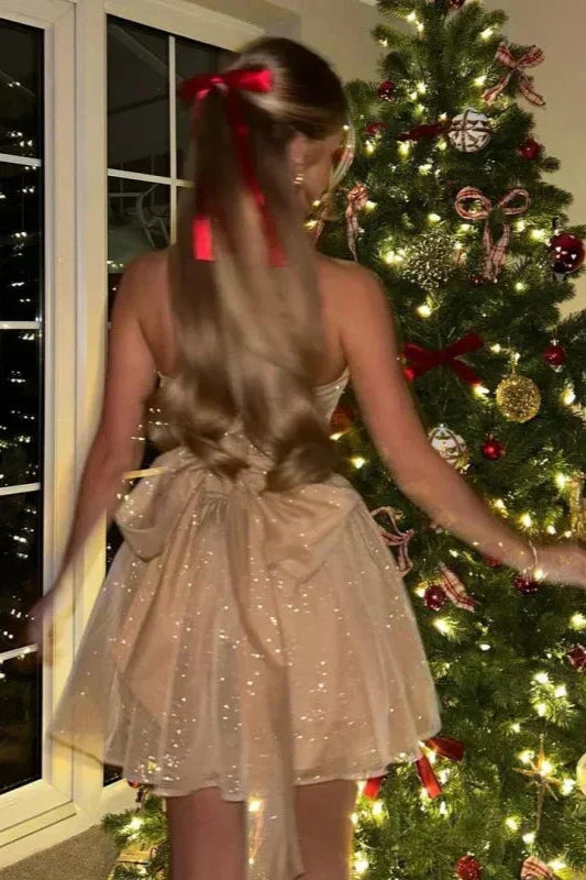 Shimmering women's strapless glitter skater mini dress. Perfect for homecoming, parties, and special dances.