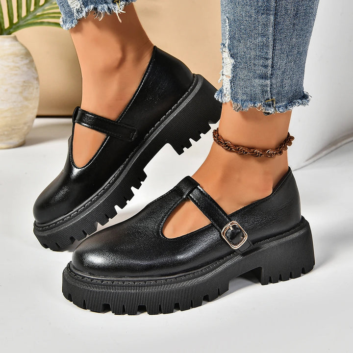 Women's black T-strap platform Mary Jane shoes, orthopedic for all-day comfort & foot support. Round toe style.