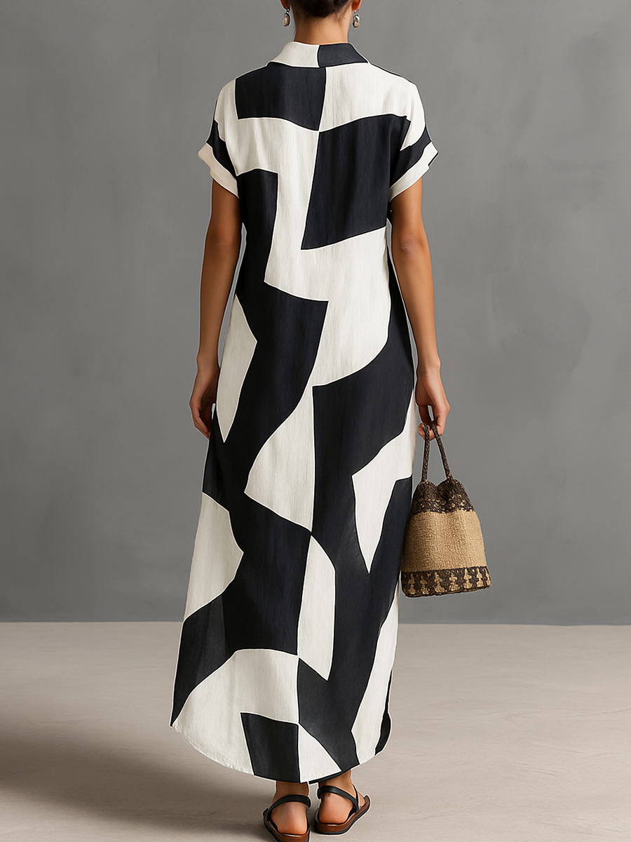 Effortless style: women's black & white color block maxi shirt dress. Comfortable short sleeve day dress.