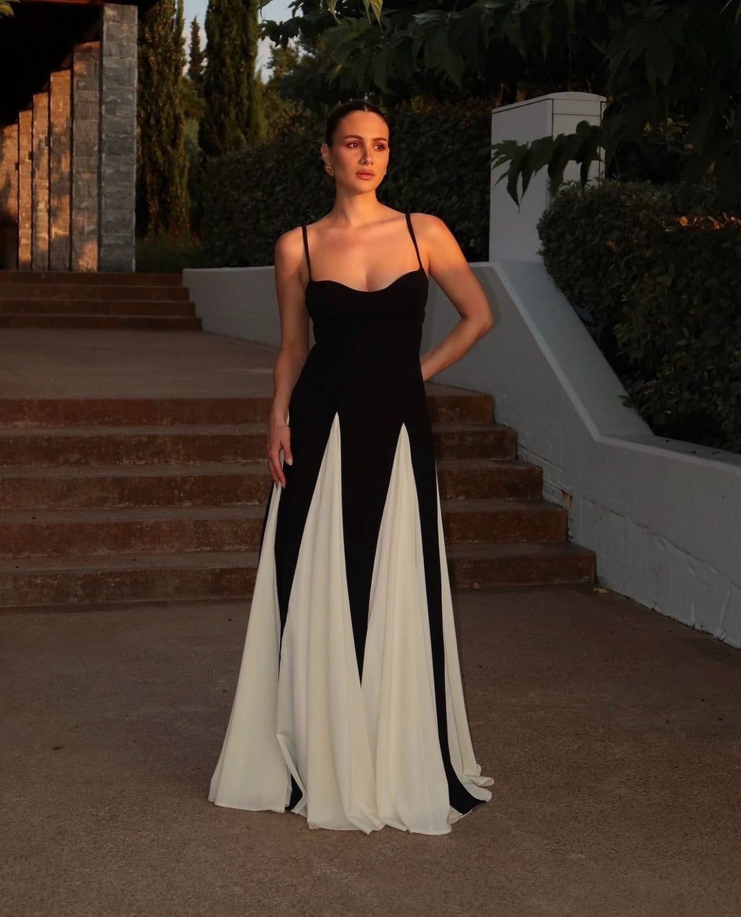 Stylish contrast panel women's long dress, an ideal black & white wedding guest dress or gala outfit.