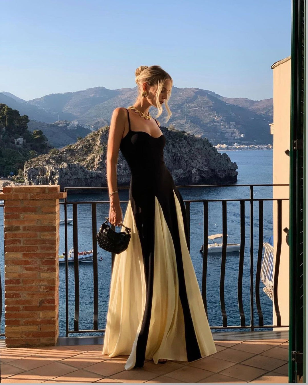 Beautiful women's elegant maxi dress, a perfect black & white wedding guest or special occasion gown.