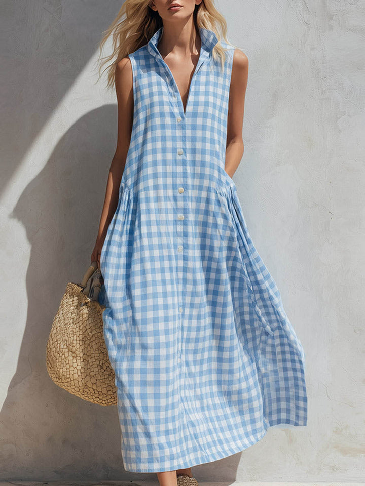 Women's black & white gingham check collared sleeveless maxi dress. Perfect for summer casual wear.