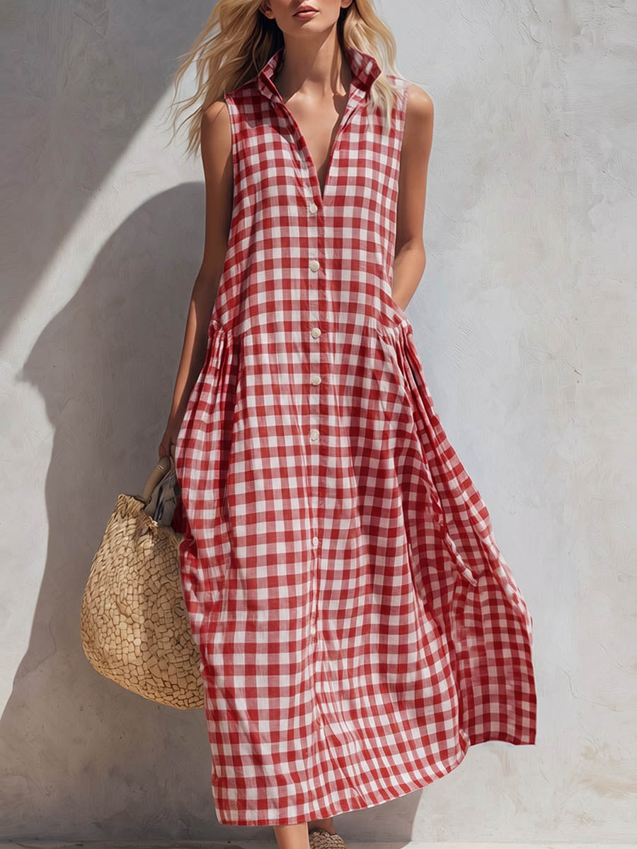 Stylish women's sleeveless collared gingham check maxi dress, great for summer fashion & casual outings.