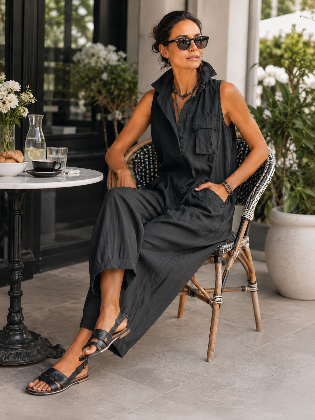 Effortless black wide-leg jumpsuit for women, with a sleeveless design and elegant collar for versatile fashion.