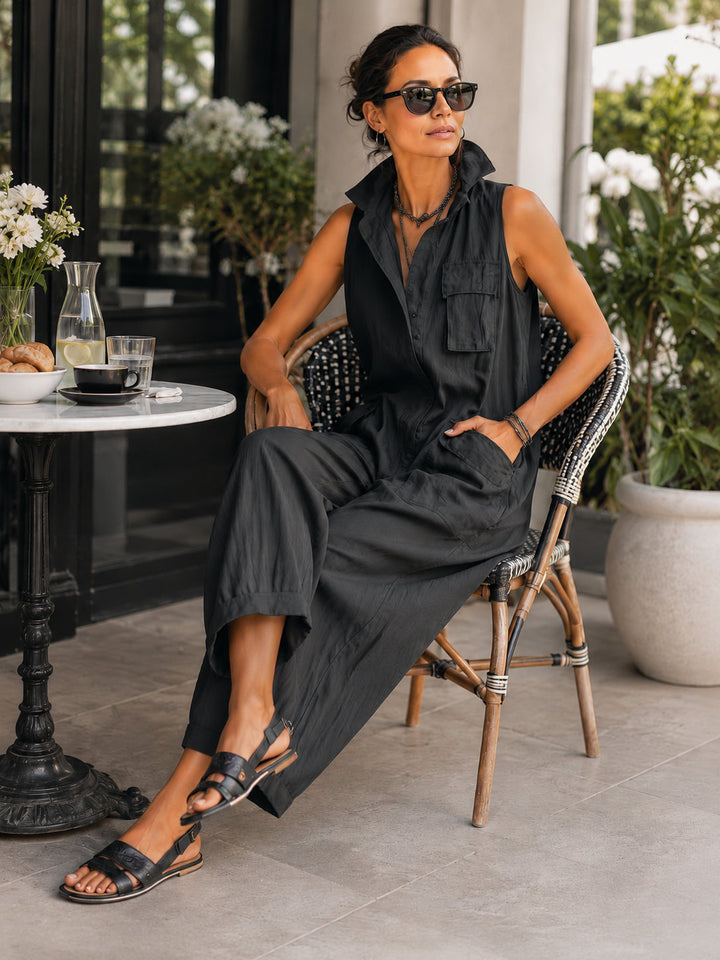 Effortless black wide-leg jumpsuit for women, with a sleeveless design and elegant collar for versatile fashion.