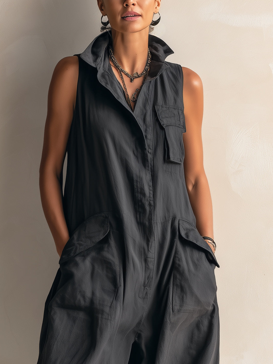 Black women's wide-leg jumpsuit with a collar, designed for an effortless, chic, and comfortable fit.