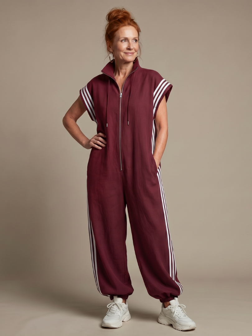Women's black zip front jumpsuit, full length with white sporty side stripes & cap sleeves. Relaxed fit, high neck.