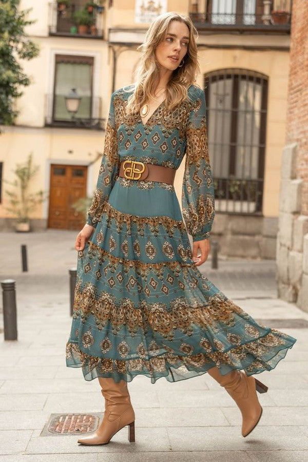 Women's blue boho medallion print tiered midi dress with puff sleeves, perfect for summer casual elegant style.