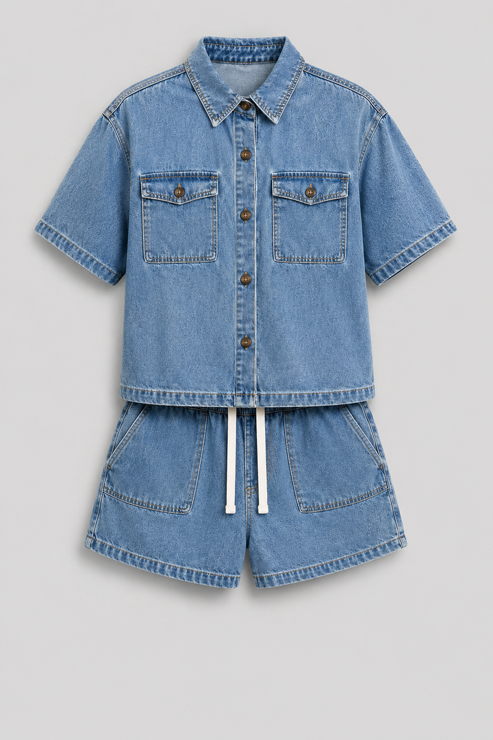 Women's blue denim short sleeve jacket and shorts set, perfect casual summer outfit.