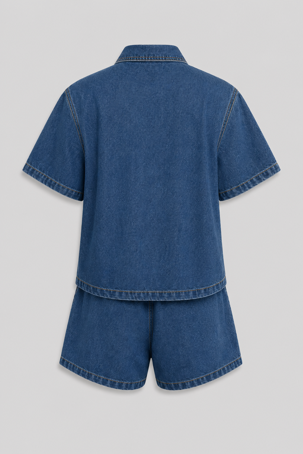 Stylish women's short sleeve denim jacket and matching denim shorts, a trendy fashion set.