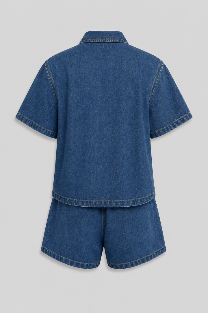 Stylish women's short sleeve denim jacket and matching denim shorts, a trendy fashion set.