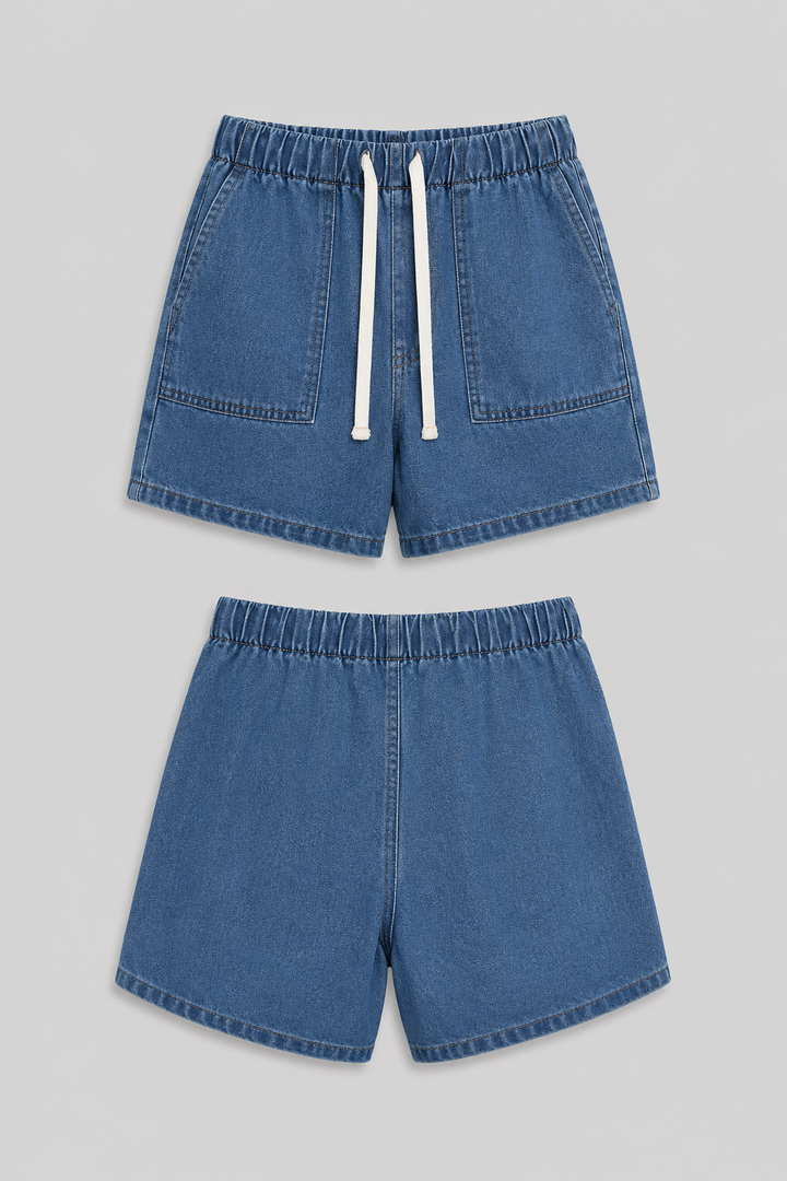 Comfortable blue denim shorts set for women, including a short sleeve jacket for a complete outfit.