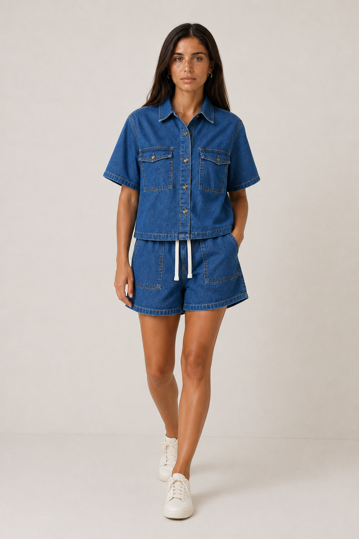 Complete women's outfit: blue denim short sleeve jacket and matching denim shorts.