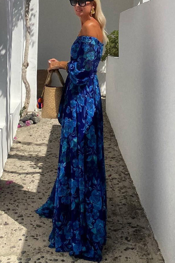 Stylish women's off-shoulder blue floral maxi dress, ideal as a boho wedding guest dress or summer party dress.