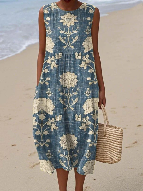 Women's blue floral sleeveless A-line midi dress, perfect for beach, summer, vacation, or casual wear.