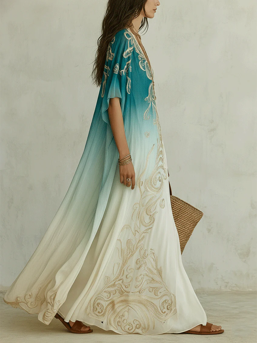 Boho V-neck blue ombre maxi kaftan dress with flowing kimono sleeves. Ideal summer vacation & resort wear.