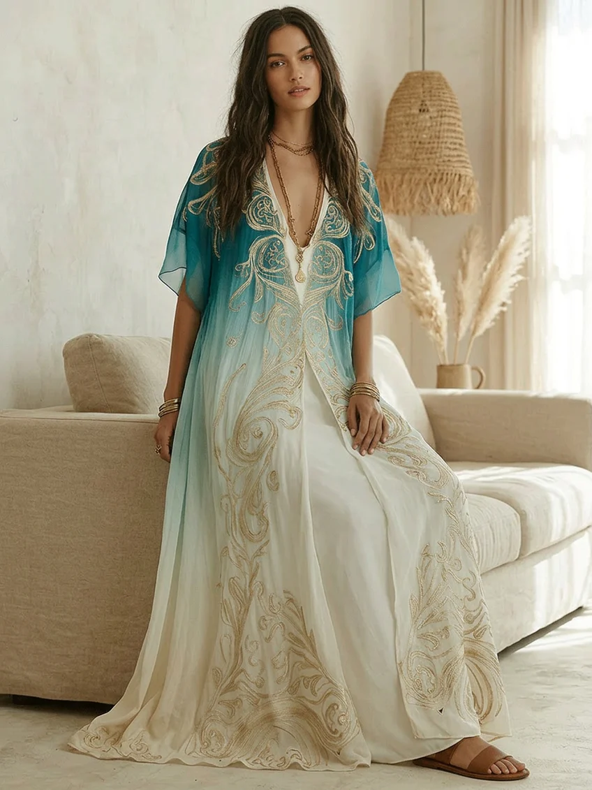 Women's vacation blue ombre kaftan maxi dress. V-neck, flowing boho beachwear & resort casual style.