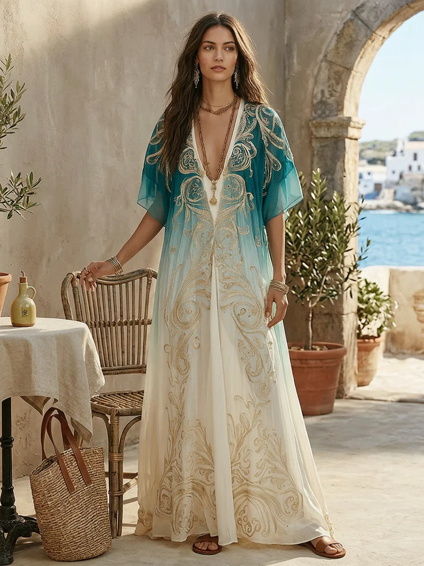 Flowing kimono sleeve blue ombre kaftan maxi dress. Women's V-neck boho style, perfect for summer & beach.