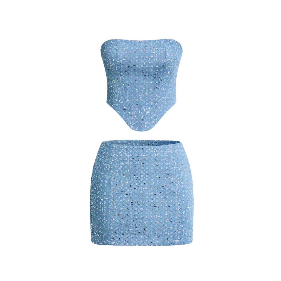 Stunning women's blue strapless sparkle bodycon mini dress. A stylish party or cocktail dress for dazzling nights.