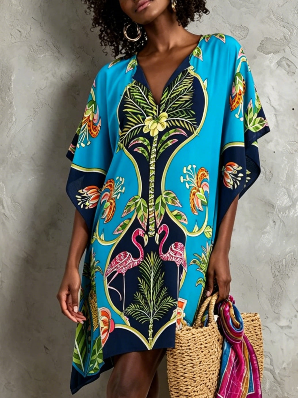 Women's V-neck blue tropical midi dress, a stylish kaftan with batwing sleeves for summer vacations.