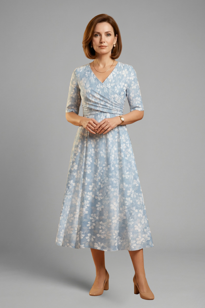 Relaxed fit women's V-neck midi dress with short sleeves. Versatile blue casual dress with practical side pockets.