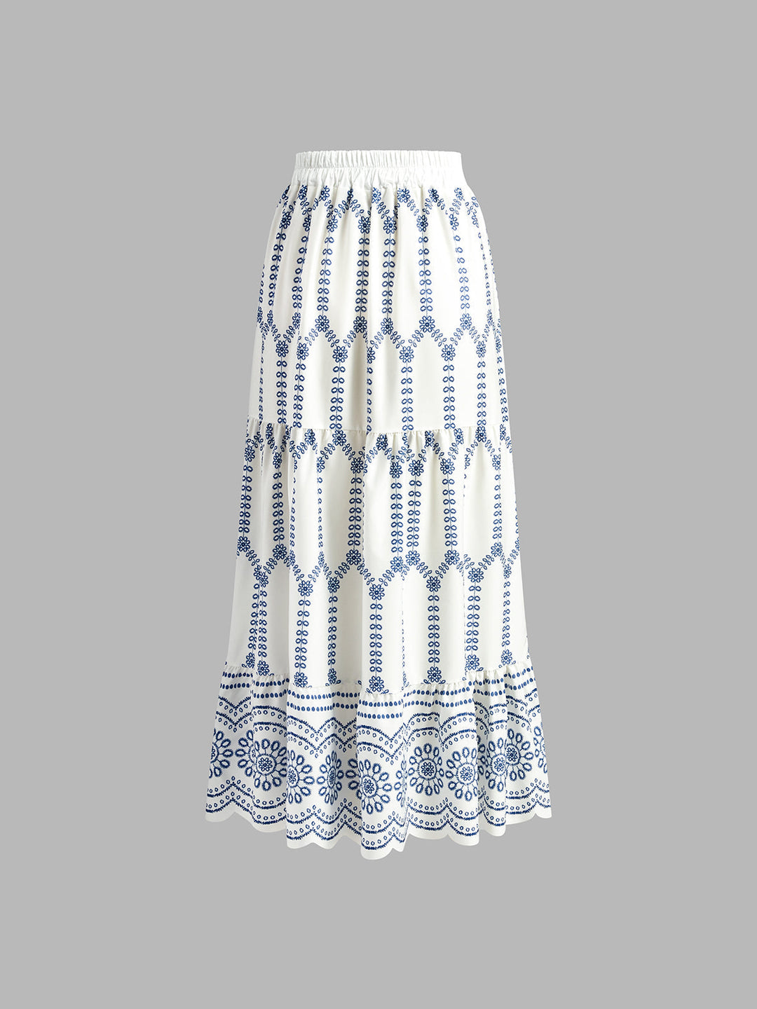 Full view of women's blue and white printed sleeveless two-piece skirt set, great for vacation or casual wear.