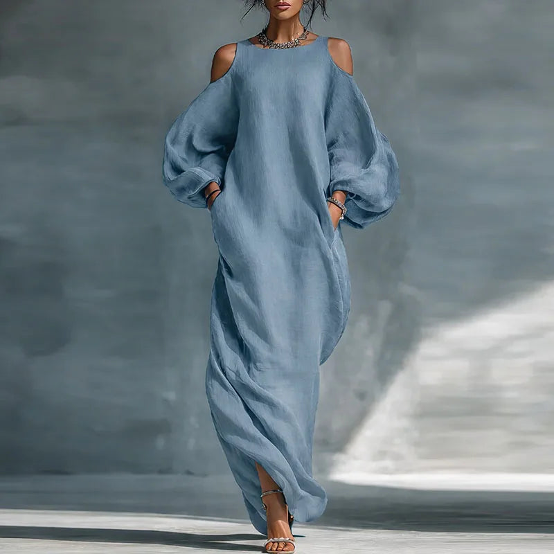 Women's Bohemian Cold Shoulder Maxi Dress, long sleeve, flowing for effortless summer spring style. Relaxed fit.