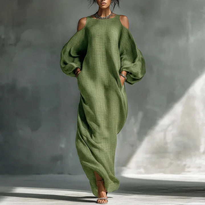 Relaxed fit women's cold shoulder maxi dress. Bohemian style with long sleeves, flowing fabric perfect for spring & summer.