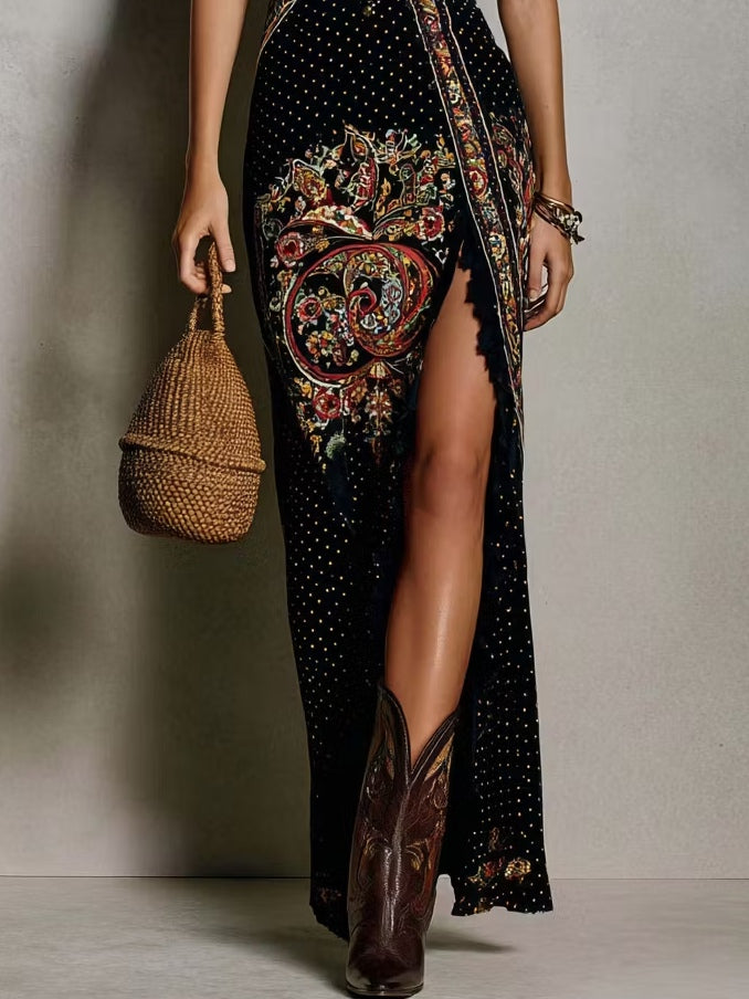 Flowy embroidered women's maxi dress with a flattering deep V-neck and stylish high slit, a chic summer outfit.