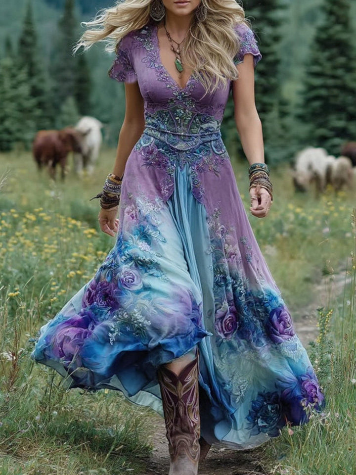 Women's Bohemian Floral Maxi Dress with flowing silhouette. Perfect for elegant summer or spring fashion.